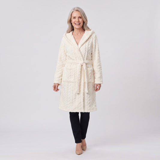 Pluche ochtendjas dames met capuchon en strikceintuur, warm 1
