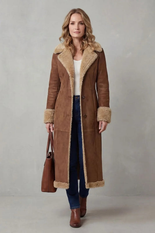 Bruine Mantel Dames Winter, Shearling Jas met Voering 2