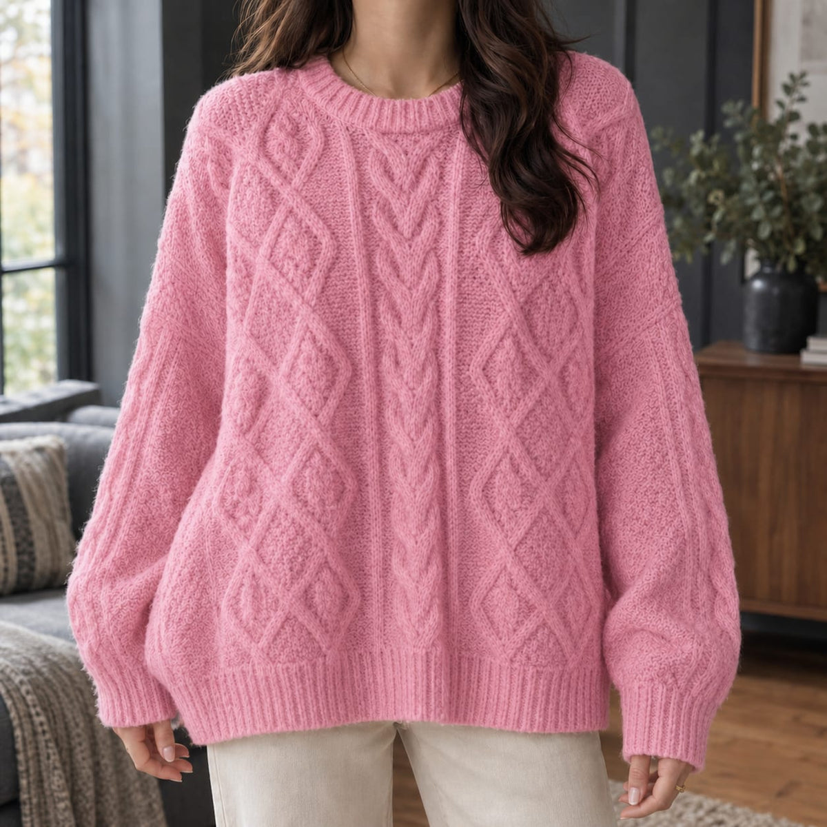 Cable Knit Sweater, Oversized Striktrøje Dame med Rudemønster 6