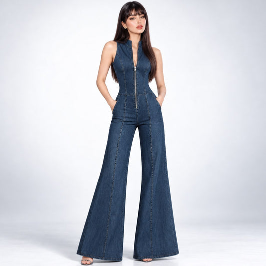Denim jumpsuit voor dames met rits, hoge kraag en wijde pijpen 2