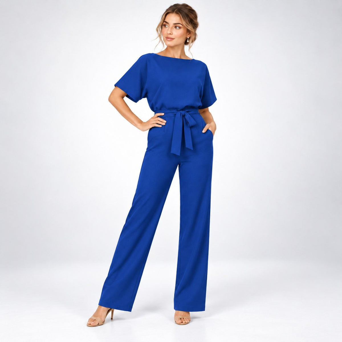 Jumpsuit Dame med Bindebælte, Korte Ærmer og Brede Ben 9
