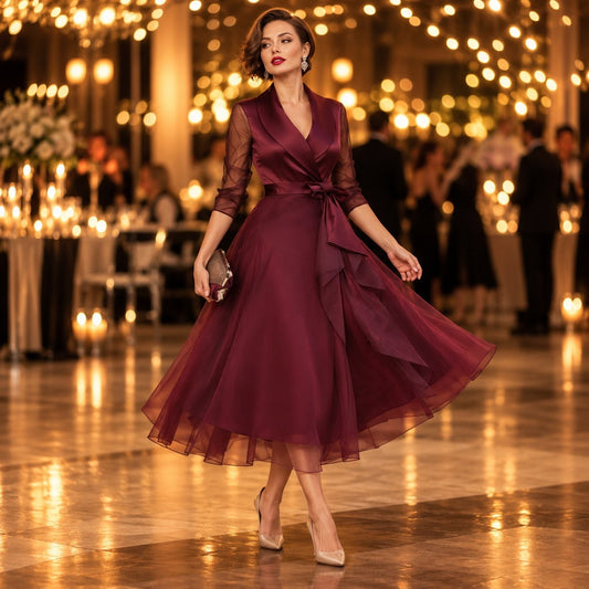 Elegante Bordeauxrode Cocktailjurk met Kraag en Tailleriem 2