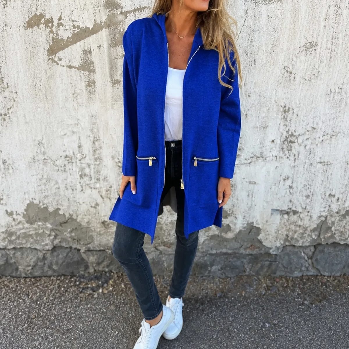 Lang Cardigan med Hætte Dame, Hættecardigan med Lynlås 9