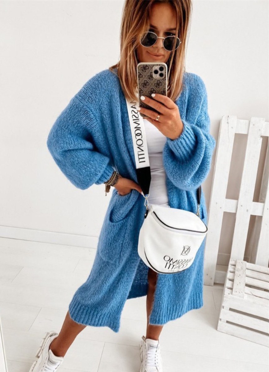 Lang Strikket Cardigan Dame, Grovstrik med Store Lommer 4