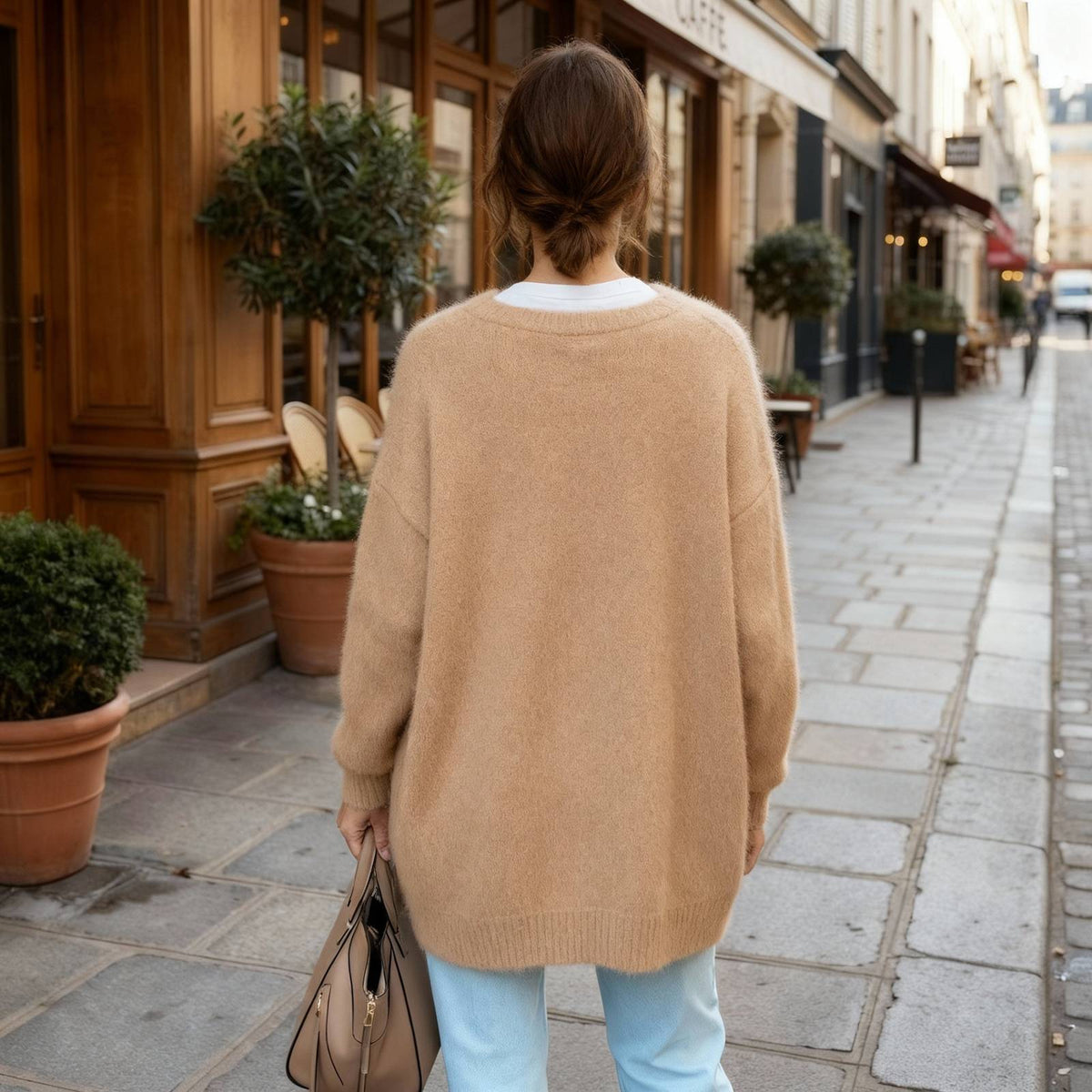 Lang Cardigan Dame, Oversized Cardigan med Rund Hals 9