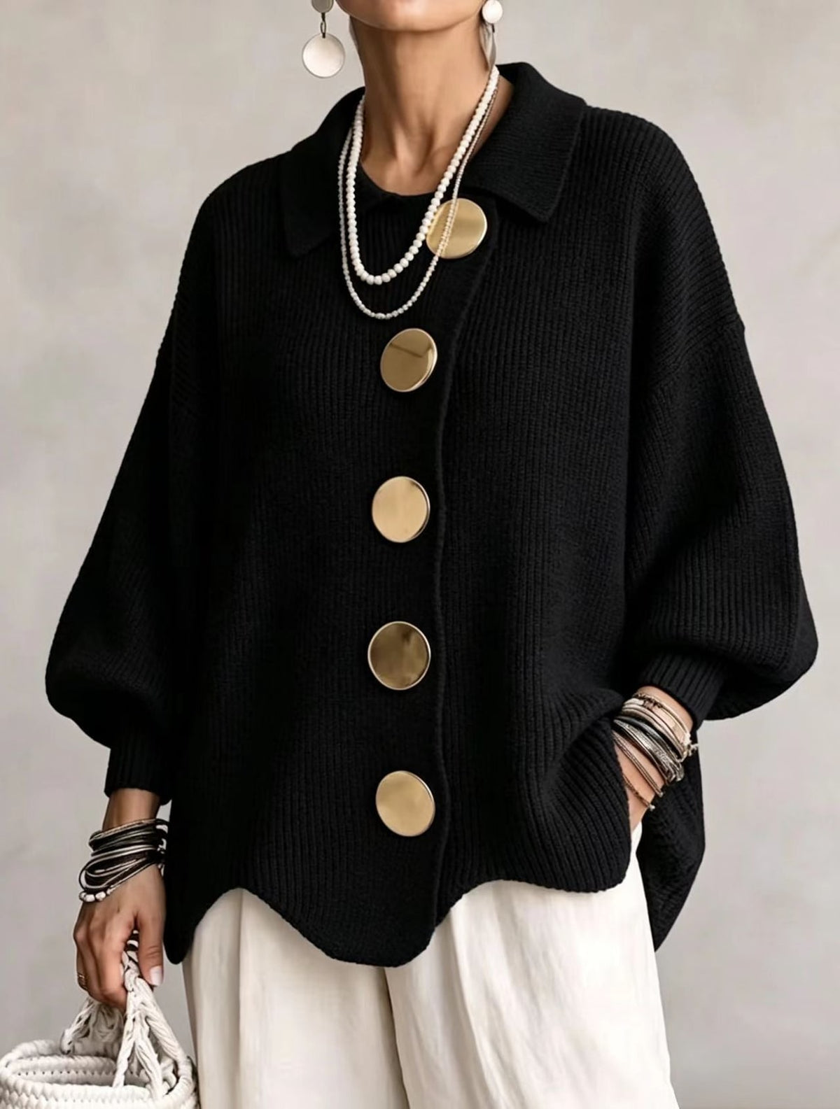 Oversized Vest voor Dames met Ballonmouwen en Gouden Knopen 10