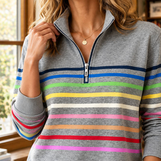 Quarter Zip Sweater Dames met Kleurrijke Strepen en Hoge Kraag 2