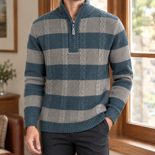 Sweater Heren, Gestreepte Kabeltrui met Halve Rits 3