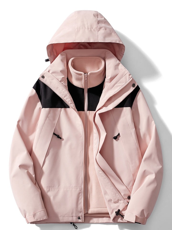 3-i-1 outdoorjakke i rosa med sorte skulderpartier