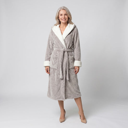 Fleece ochtendjas dames met capuchon, zakken en strikceintuur 1