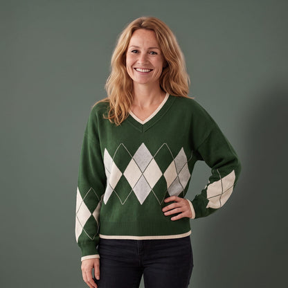 Argyle Sweater Dame med V-hals og Rudemønster 1