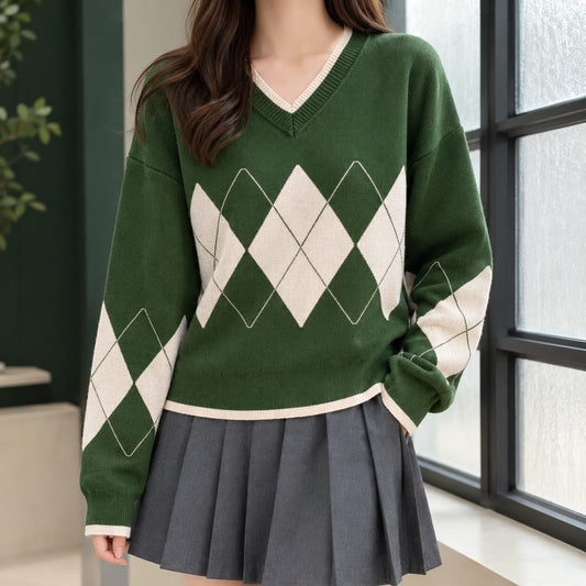 Argyle Sweater Dames met V-hals, Ruitpatroon en Verlaagde Schouders