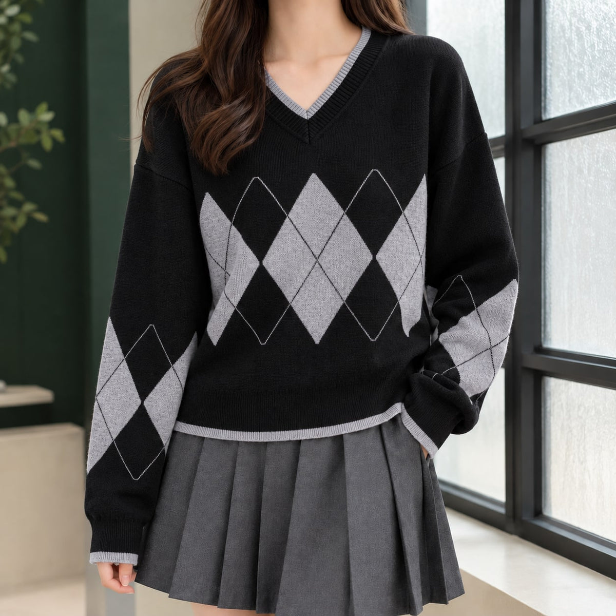 Argyle Sweater Dame med V-hals og Rudemønster 2