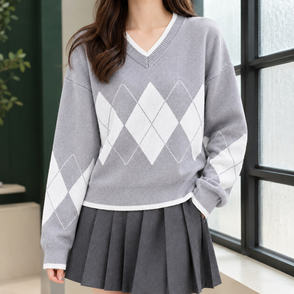 Argyle Sweater Dame med V-hals og Rudemønster 3