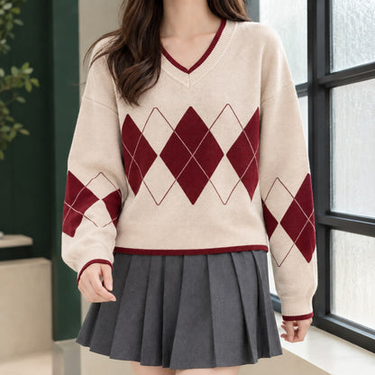 Argyle Sweater Dame med V-hals og Rudemønster 4
