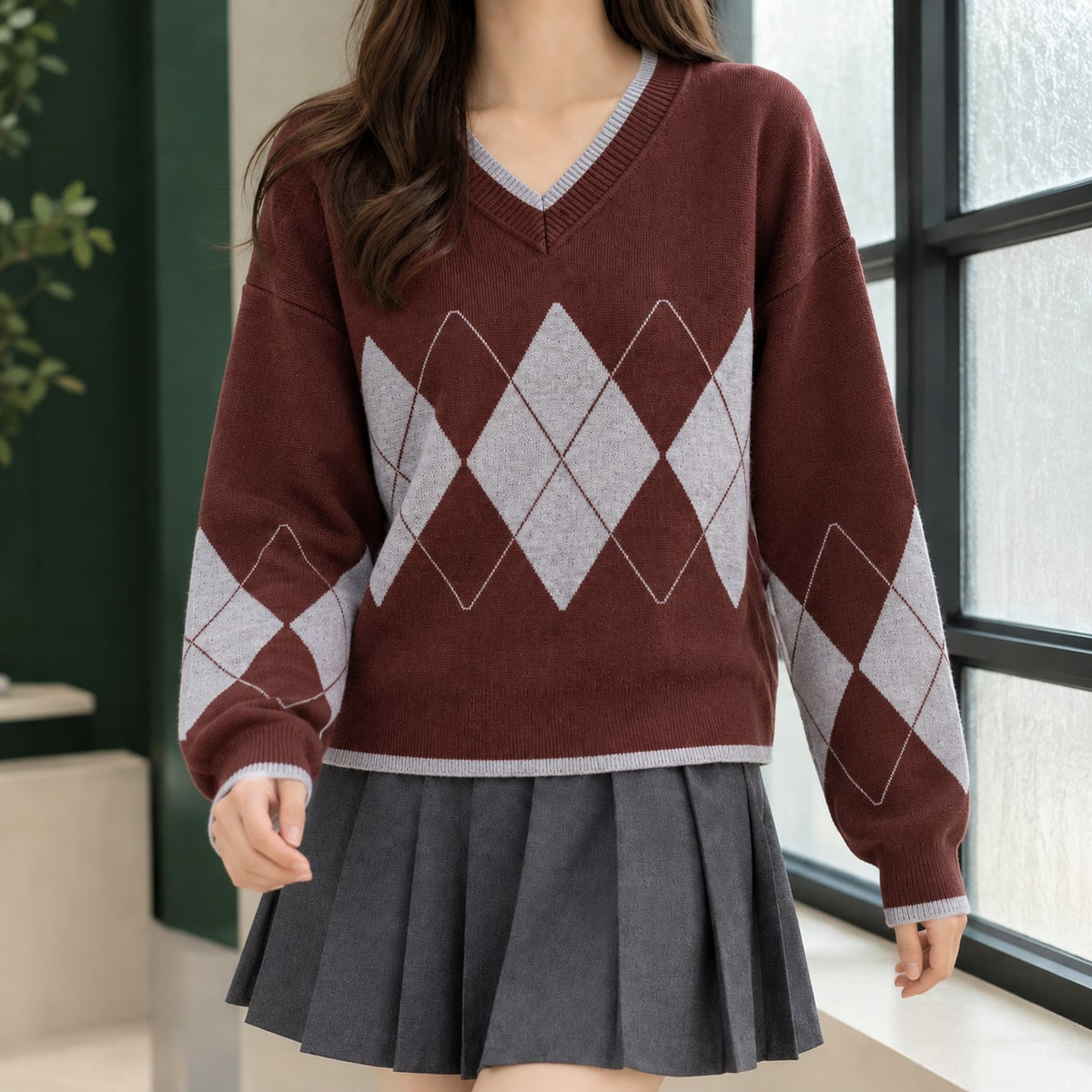 Argyle Sweater Dame med V-hals og Rudemønster 5