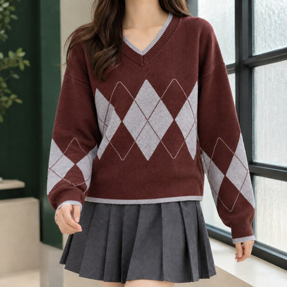 Argyle Sweater Dame med V-hals og Rudemønster 5