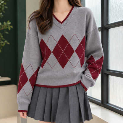 Argyle Sweater Dame med V-hals og Rudemønster 6