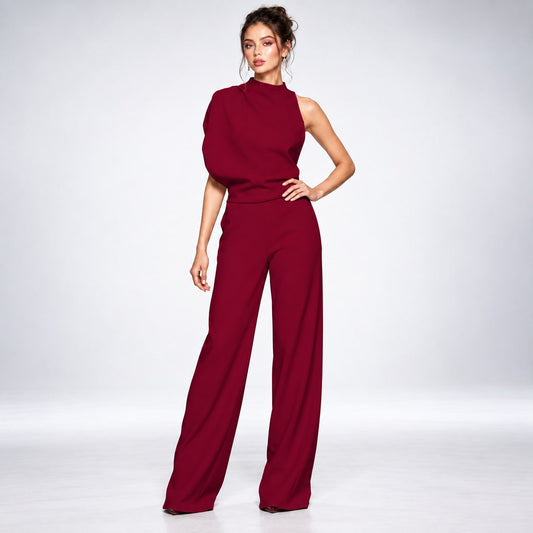 Asymmetrische Jumpsuit met Eén Schouder en Wijde Pijpen