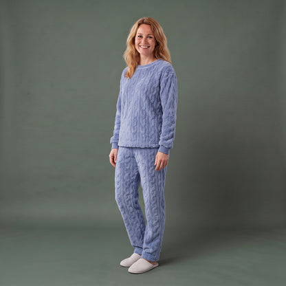 Blød Fleece Pyjamas til Dame, Varmt Pyjamassæt med Bluse og Bukser