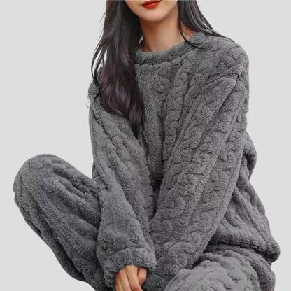 Fleece Pyjamas Dame, Varmt Pyjamassæt med Bluse og Bukser 2