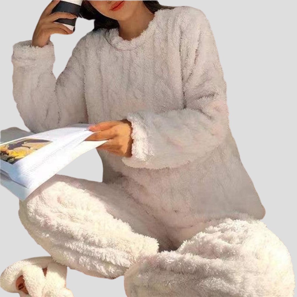 Fleece Pyjamas Dame, Varmt Pyjamassæt med Bluse og Bukser 3