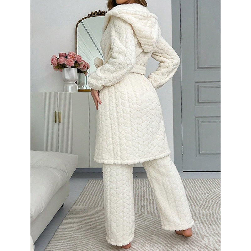 Plys Morgenkåbe Dame med Hætte og Bindebælte, Varm 4