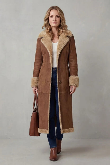 Bruine Mantel Dames Winter, Shearling Jas met Voering 2