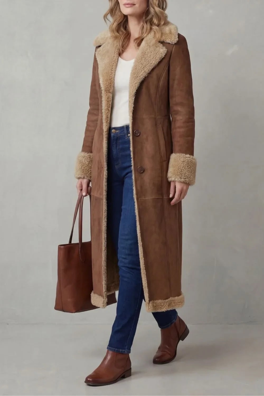 Bruine Mantel Dames Winter, Shearling Jas met Voering 3