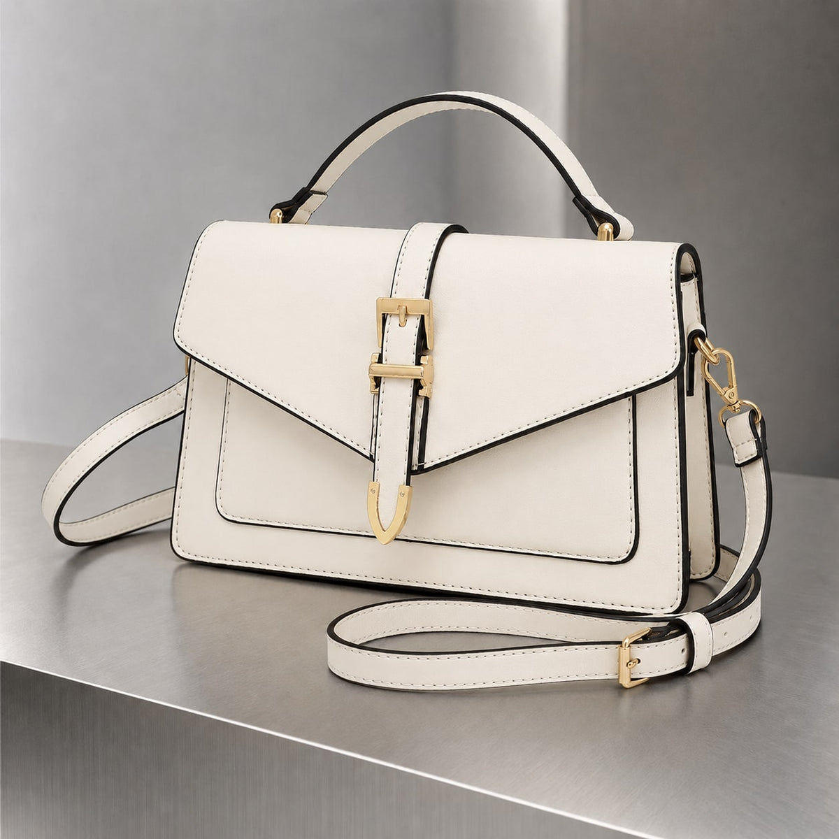 Buckle Satchel, Håndtaske Dame med Spænde og Skulderrem 4