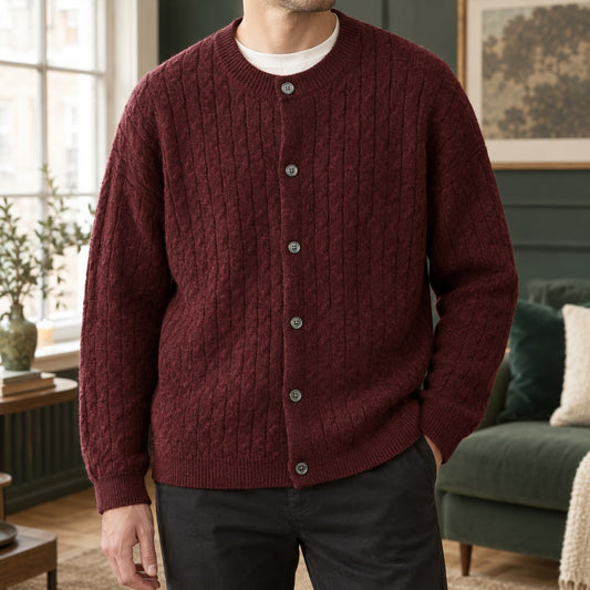 Cable Cardigan Heren, Kabelgebreide Cardigan met Ronde Hals en Zes Knopen