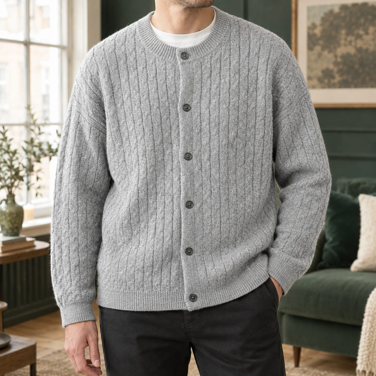 Cable Cardigan Herre, Kabelstrikket Cardigan med Knapper 4
