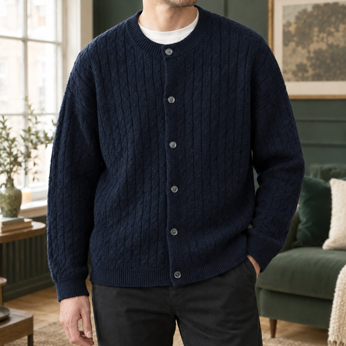 Cable Cardigan Herre, Kabelstrikket Cardigan med Knapper 5