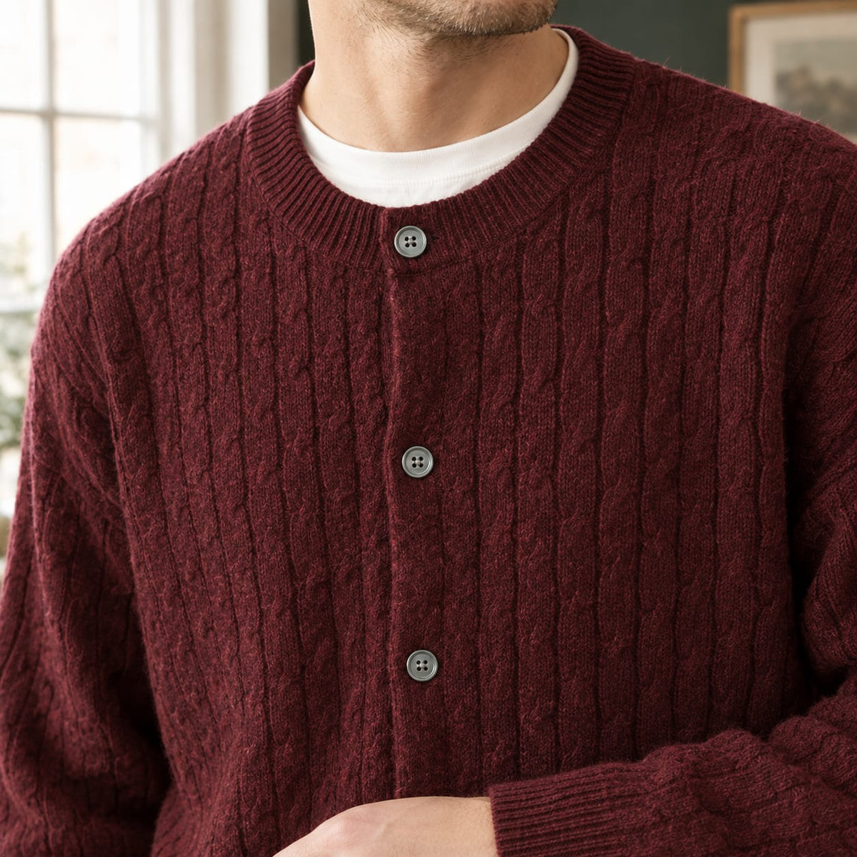 Cable Cardigan Herre, Kabelstrikket Cardigan med Knapper 6
