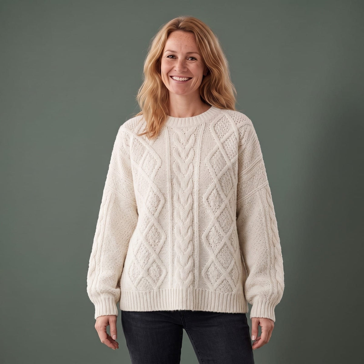 Cable Knit Sweater, Oversized Striktrøje Dame med Rudemønster 1