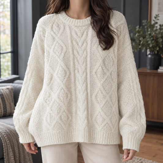 Cable Knit Sweater, Oversized Gebreide Trui Dames met Kabel- en Ruitpatroon