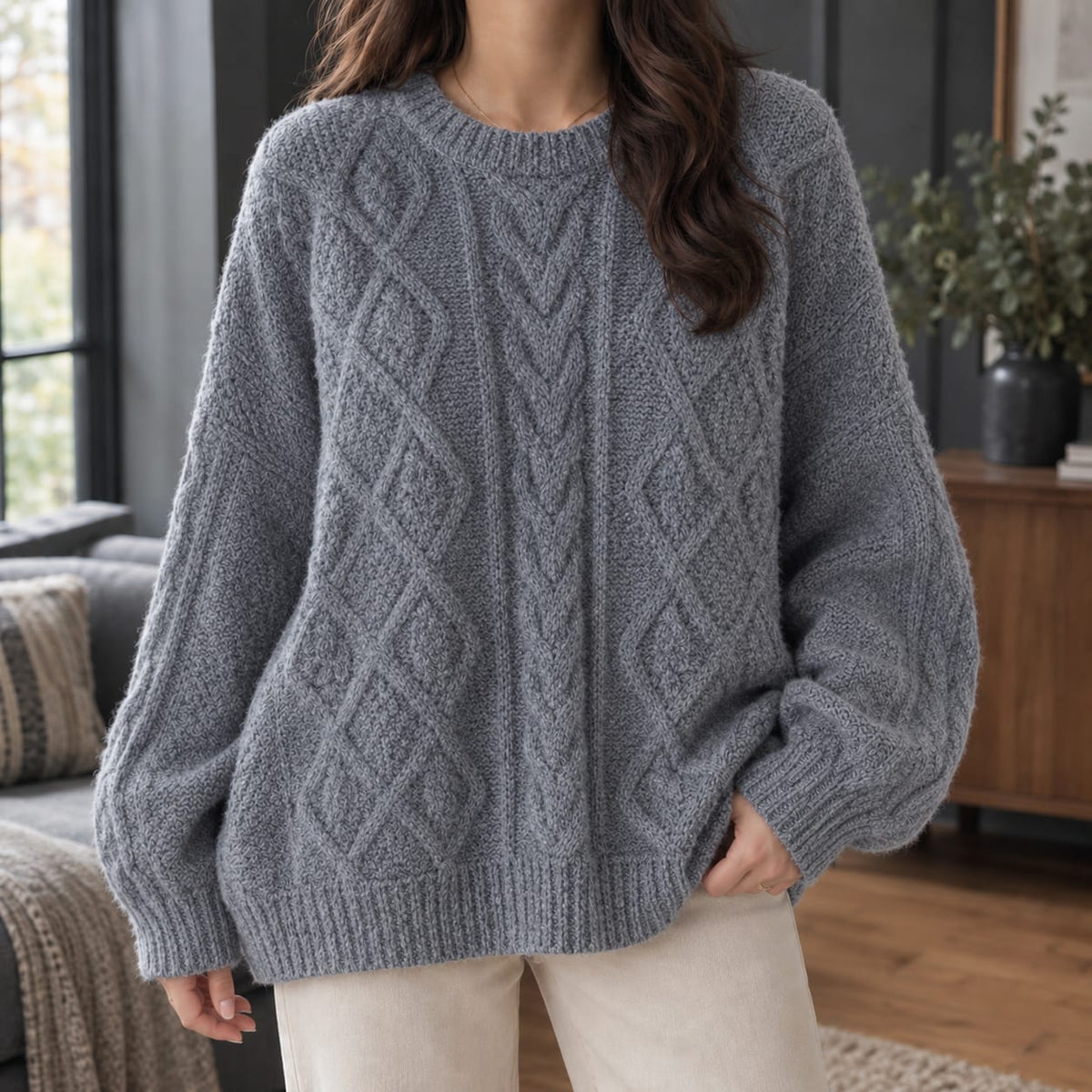 Cable Knit Sweater, Oversized Striktrøje Dame med Rudemønster 3