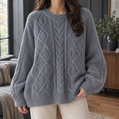 Cable Knit Sweater, Oversized Striktrøje Dame med Rudemønster 3