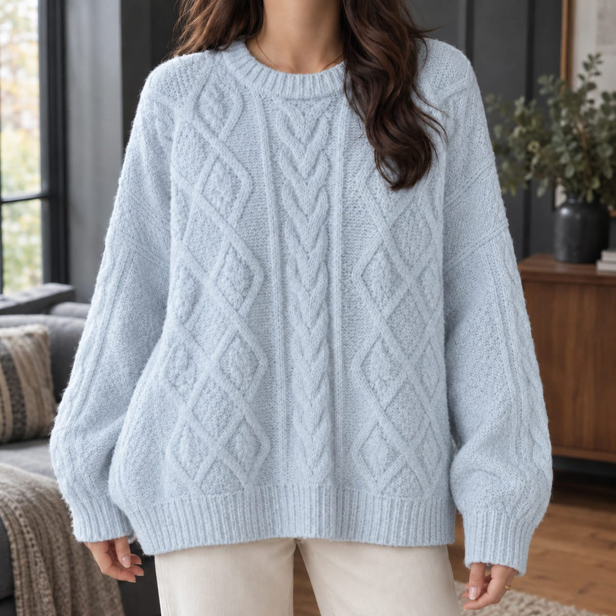 Cable Knit Sweater, Oversized Striktrøje Dame med Rudemønster 4