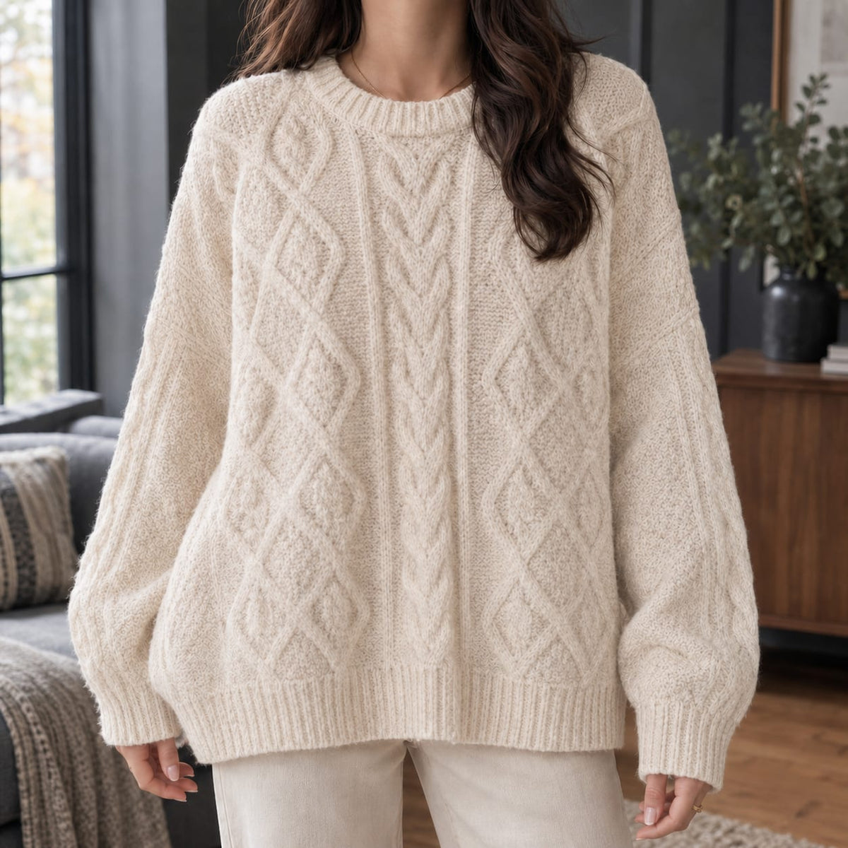 Cable Knit Sweater, Oversized Striktrøje Dame med Rudemønster 5