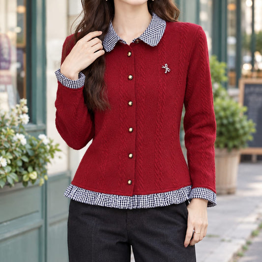 Checked Cardigan, Sweater Dames met Geruite Kraag, Manchetten en Ruches