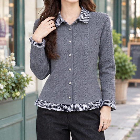 Checked Cardigan, Sweater Dames met Geruite Kraag 2