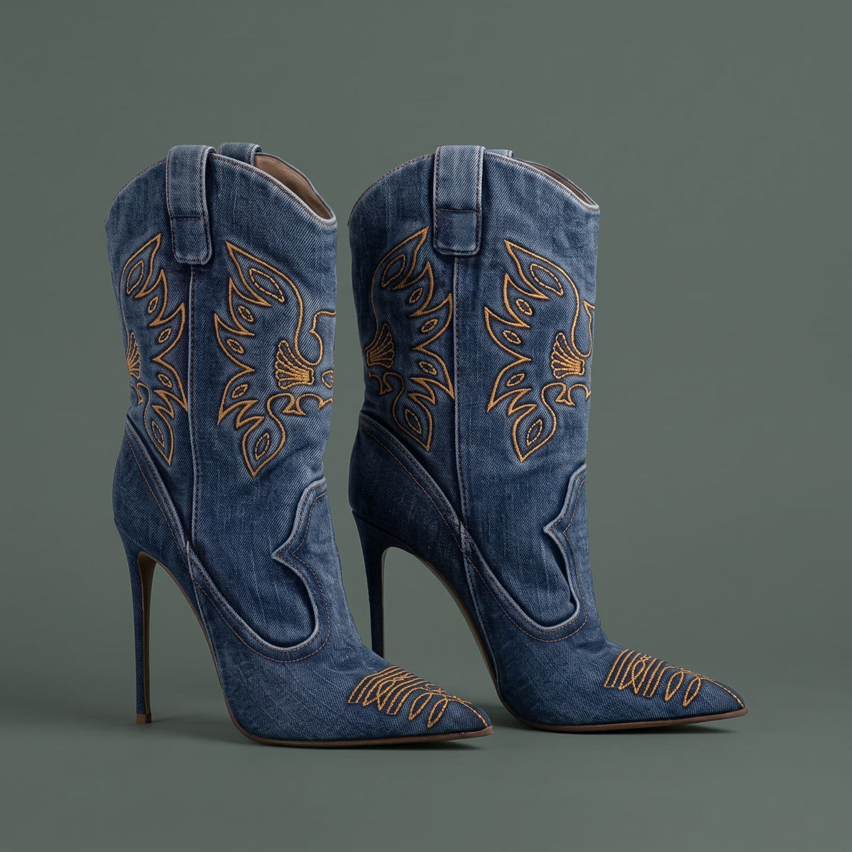Cowboy Tall Boots, Høje Støvler Dame i Denim med Broderi 1