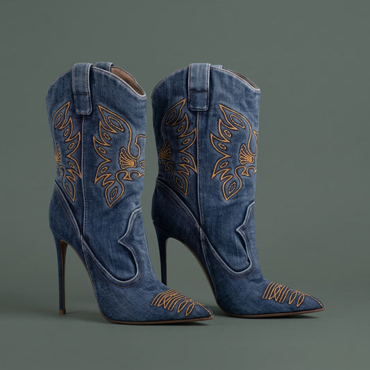 Cowboy Tall Boots, Høje Støvler Dame i Denim med Broderi 1