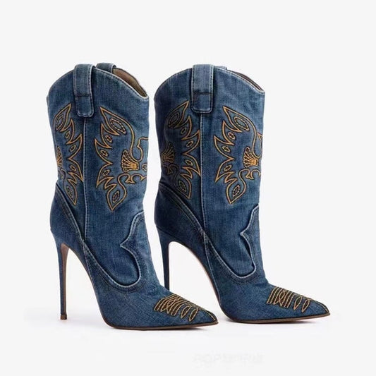 Cowboy Tall Boots, Hoge Laarzen Dames in Denim met Borduursel en Stilettohak