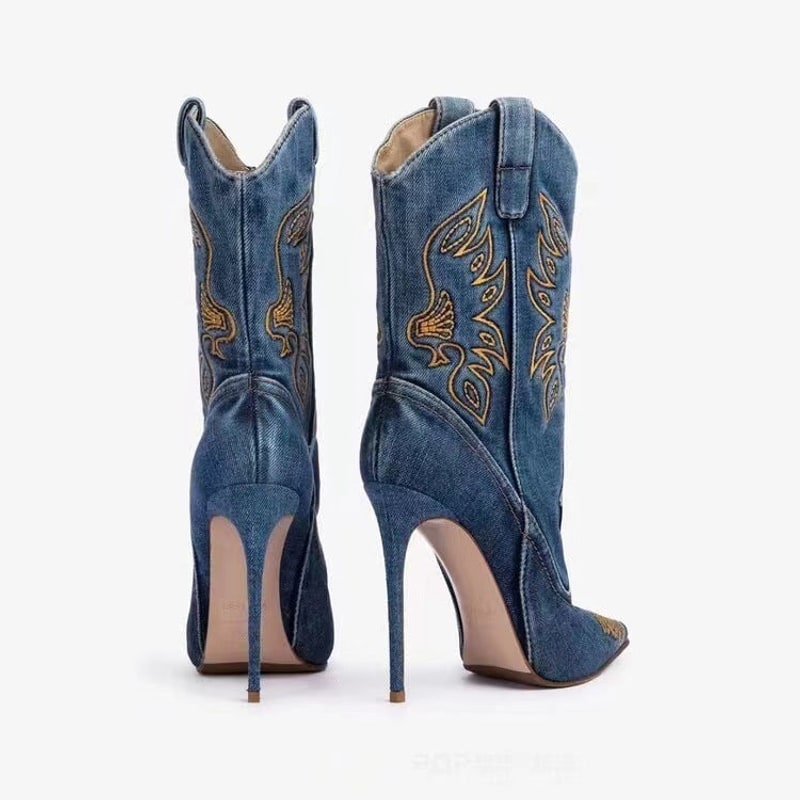 Cowboy Tall Boots, Høje Støvler Dame i Denim med Broderi 2