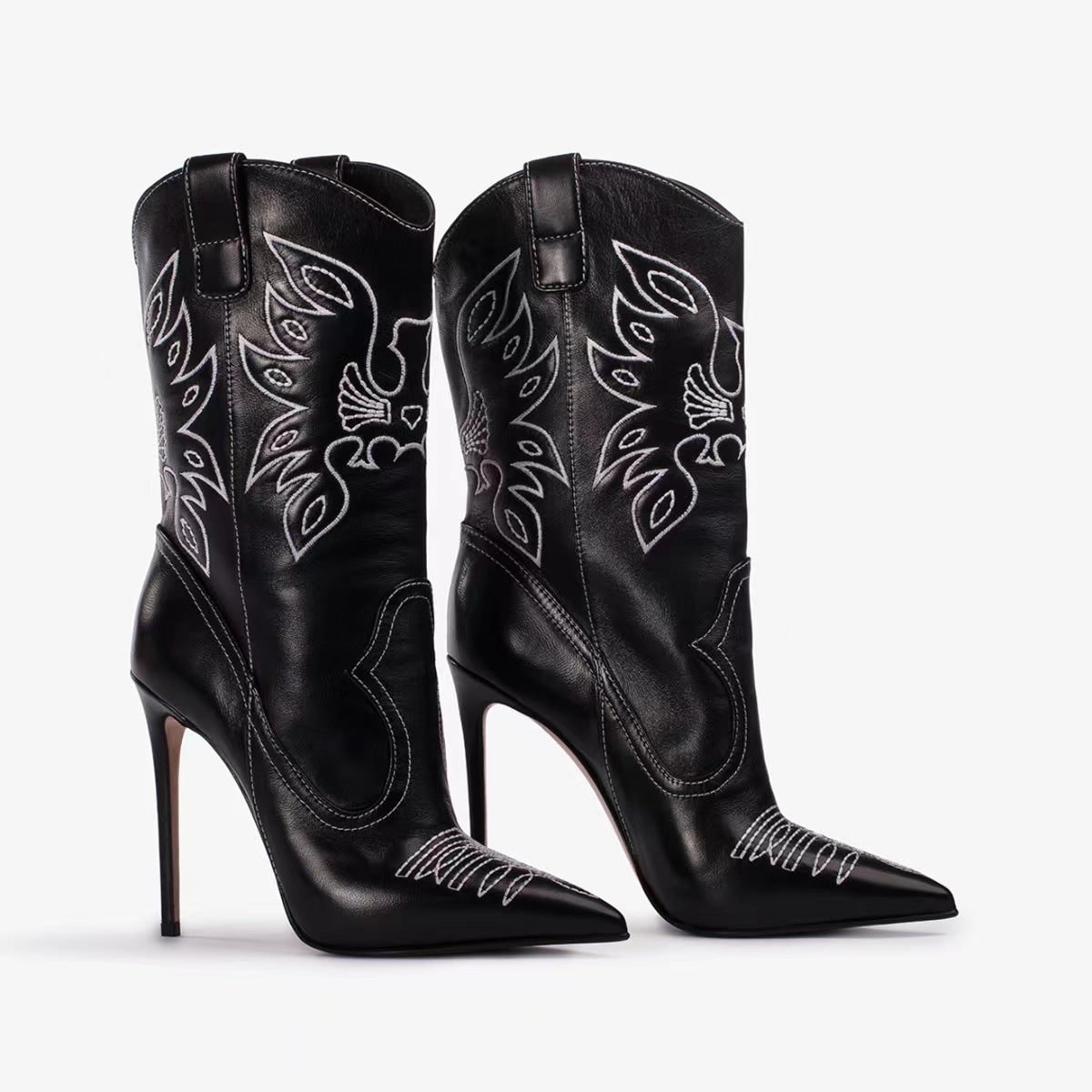 Cowboy Tall Boots, Høje Støvler Dame i Denim med Broderi 3