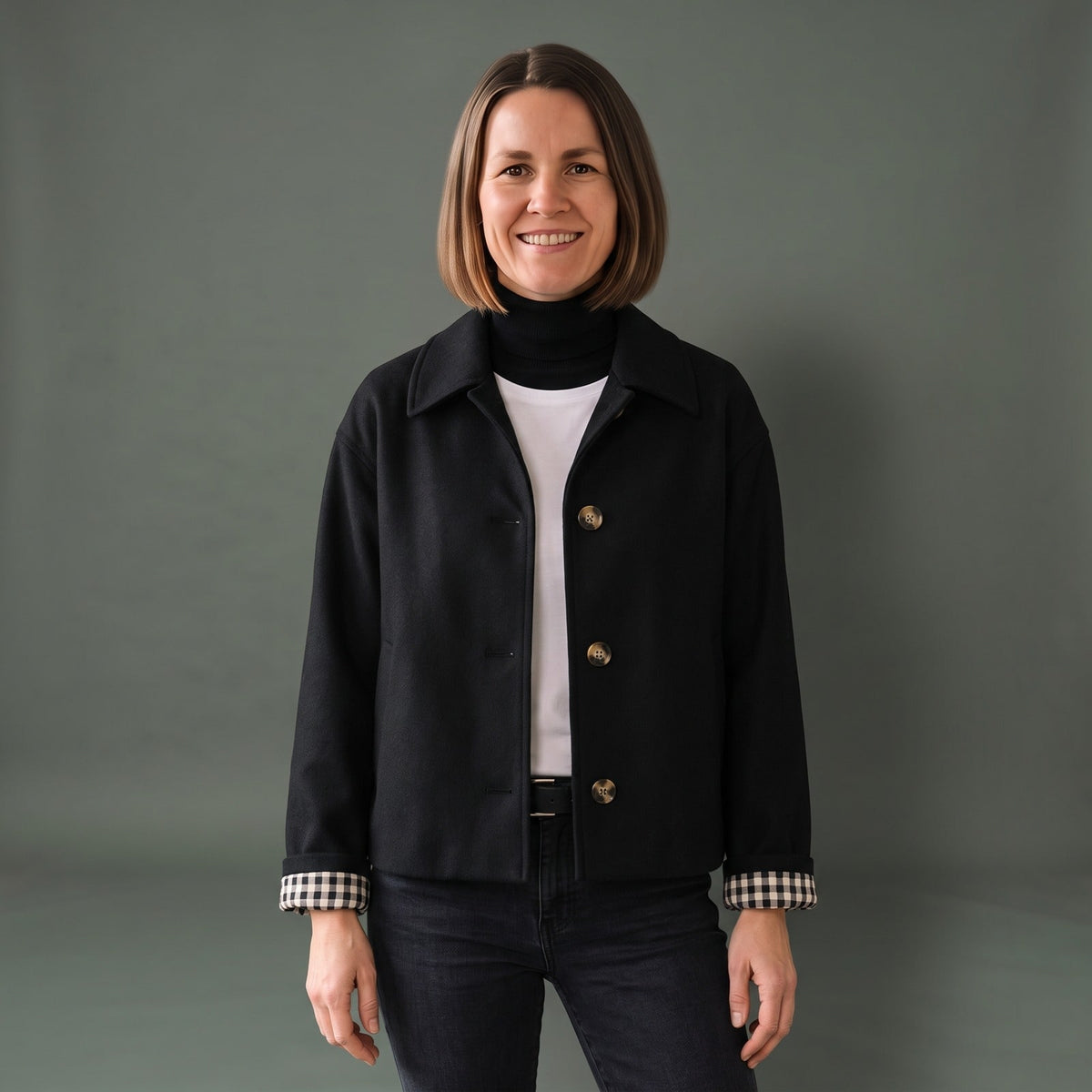 Dames Coat Kort met Reverskraag en Geruite Voering 1