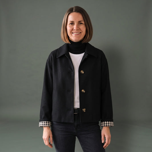 Dames Coat Kort met Reverskraag en Geruite Voering 1