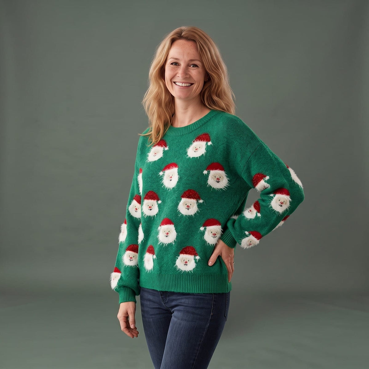 Dames Kersttrui met Pluizige Kerstmanprint en Ronde Hals 1